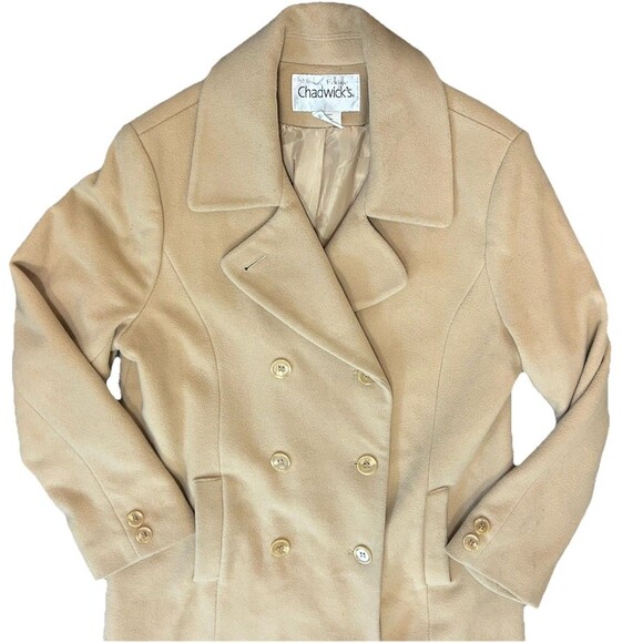 Vintage Chadwick’s 100% Wool Coat Sz 14 Double Breasted Tan Camel 48” Long - Picture 2 of 16